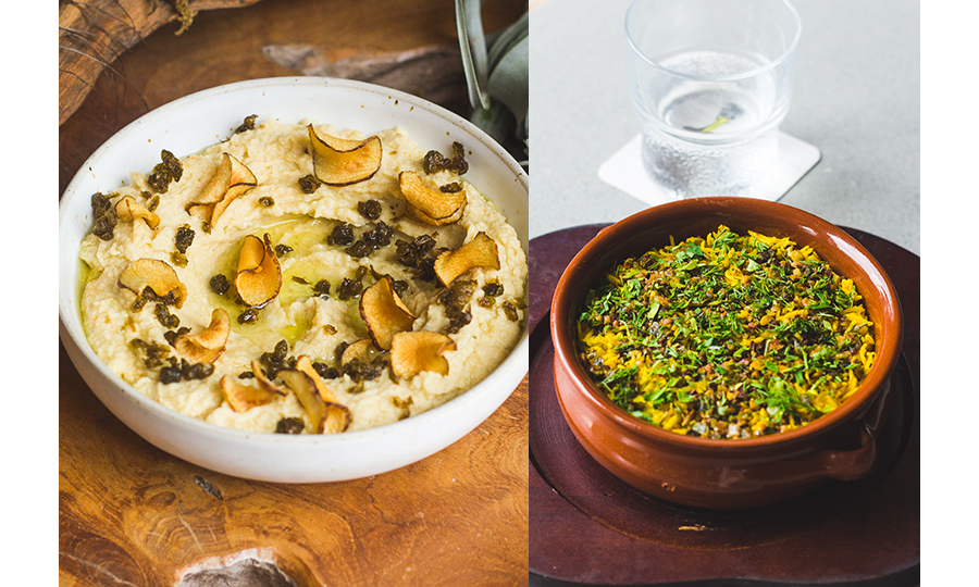 Dishes at Summerlong A bowl of a mashed hummus-like dish, and a bowl of greens